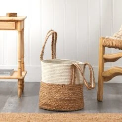 14-in Boho Chic Basket Natural Cotton And Jute With Handles 14 14-in Boho Chic Basket Natural Cotton And Jute With Handles -Ed's plant shop 14 boho chic basket natural cotton and jute with handles 321797