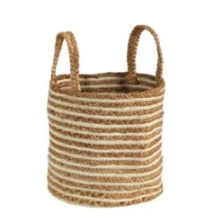 14-in Boho Chic Basket – Natural Cotton & Jute With Handwoven Stripe And Handles -Ed's plant shop 14 boho chic basket natural cotton jute with handwoven stripe and handles 502333