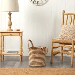 14-in Boho Chic Basket – Natural Cotton & Jute With Handwoven Stripe And Handles -Ed's plant shop 14 boho chic basket natural cotton jute with handwoven stripe and handles 522114