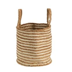 14-in Boho Chic Basket – Natural Cotton & Jute With Handwoven Stripe And Handles -Ed's plant shop 14 boho chic basket natural cotton jute with handwoven stripe and handles 652795