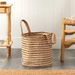 14-in Boho Chic Basket – Natural Cotton & Jute With Handwoven Stripe And Handles -Ed's plant shop 14 boho chic basket natural cotton jute with handwoven stripe and handles 752453