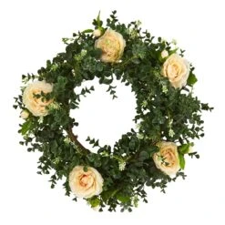 18-in Eucalyptus And Camellia Double Ring Artificial Wreath With Twig Base -Ed's plant shop 18 eucalyptus and camellia double ring artificial wreath with twig base 340840