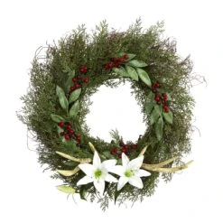 20-in Cedar, Antlers, Lily And Ruscus With Berries Artificial Wreath -Ed's plant shop 20 cedar antlers lily and ruscus with berries artificial wreath 380931