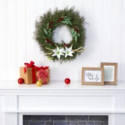 20-in Cedar, Antlers, Lily And Ruscus With Berries Artificial Wreath -Ed's plant shop 20 cedar antlers lily and ruscus with berries artificial wreath 673547