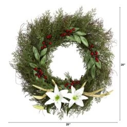 20-in Cedar, Antlers, Lily And Ruscus With Berries Artificial Wreath -Ed's plant shop 20 cedar antlers lily and ruscus with berries artificial wreath 709245