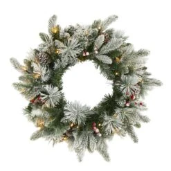 20-in Flocked Mixed Pine Christmas Wreath With LED Lights, Pine Cones & Berries -Ed's plant shop 20 flocked mixed pine christmas wreath with led lights pine cones berries 128396