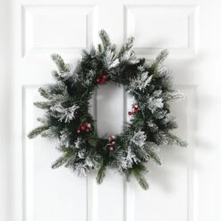 20-in Flocked Mixed Pine Christmas Wreath With LED Lights, Pine Cones & Berries -Ed's plant shop 20 flocked mixed pine christmas wreath with led lights pine cones berries 214631