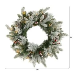 20-in Flocked Mixed Pine Christmas Wreath With LED Lights, Pine Cones & Berries -Ed's plant shop 20 flocked mixed pine christmas wreath with led lights pine cones berries 630978