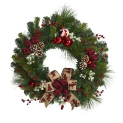 24-in Christmas Pine Wreath With Ornaments & Bow | Holiday Decor -Ed's plant shop 24 christmas pine artificial wreath with ornaments bow 593530