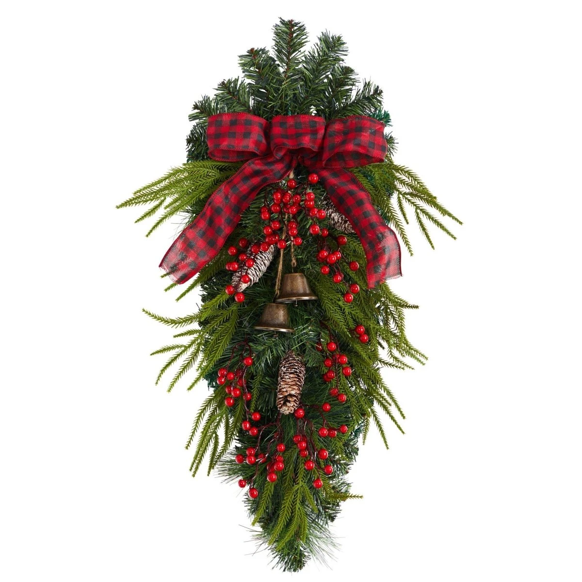 24-in Holiday Christmas Wreath With Pinecones, Berries & Bells 8 24-in Holiday Christmas Wreath With Pinecones, Berries & Bells - Image 6