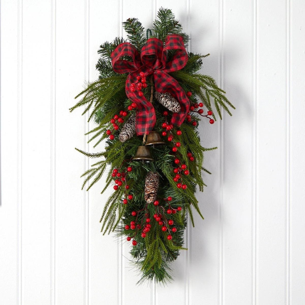24-in Holiday Christmas Wreath With Pinecones, Berries & Bells 6 24-in Holiday Christmas Wreath With Pinecones, Berries & Bells - Image 4