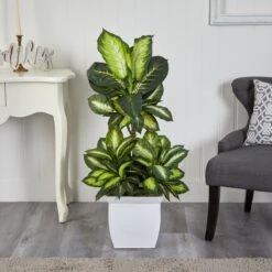 46-in Golden Dieffenbachia Artificial Plant In White Metal Planter 8 46-in Golden Dieffenbachia Artificial Plant In White Metal Planter -Ed's plant shop 46 golden dieffenbachia artificial plant in white metal planter 681187