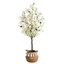 5-ft Artificial Bougainvillea Tree | Handmade Jute & Cotton Basket With Tassels -Ed's plant shop artificial 5 artificial bougainvillea tree with handmade jute cotton basket with tassels plant in planter nearly natural white 960135