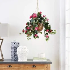 Silk Bougainvillea Hanging Basket – Faux Cascading Vine In Wicker Planter -Ed's plant shop silk bougainvillea hanging basket faux cascading vine in wicker planter 5228467
